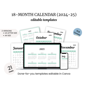 Discover our free 18-month calendar template for 2024-2025, designed to help you stay organized. Featuring a range of monthly views tailored for diverse devices and offering 21 editable pages in Canva, this tool is perfect for managing your schedule efficiently.