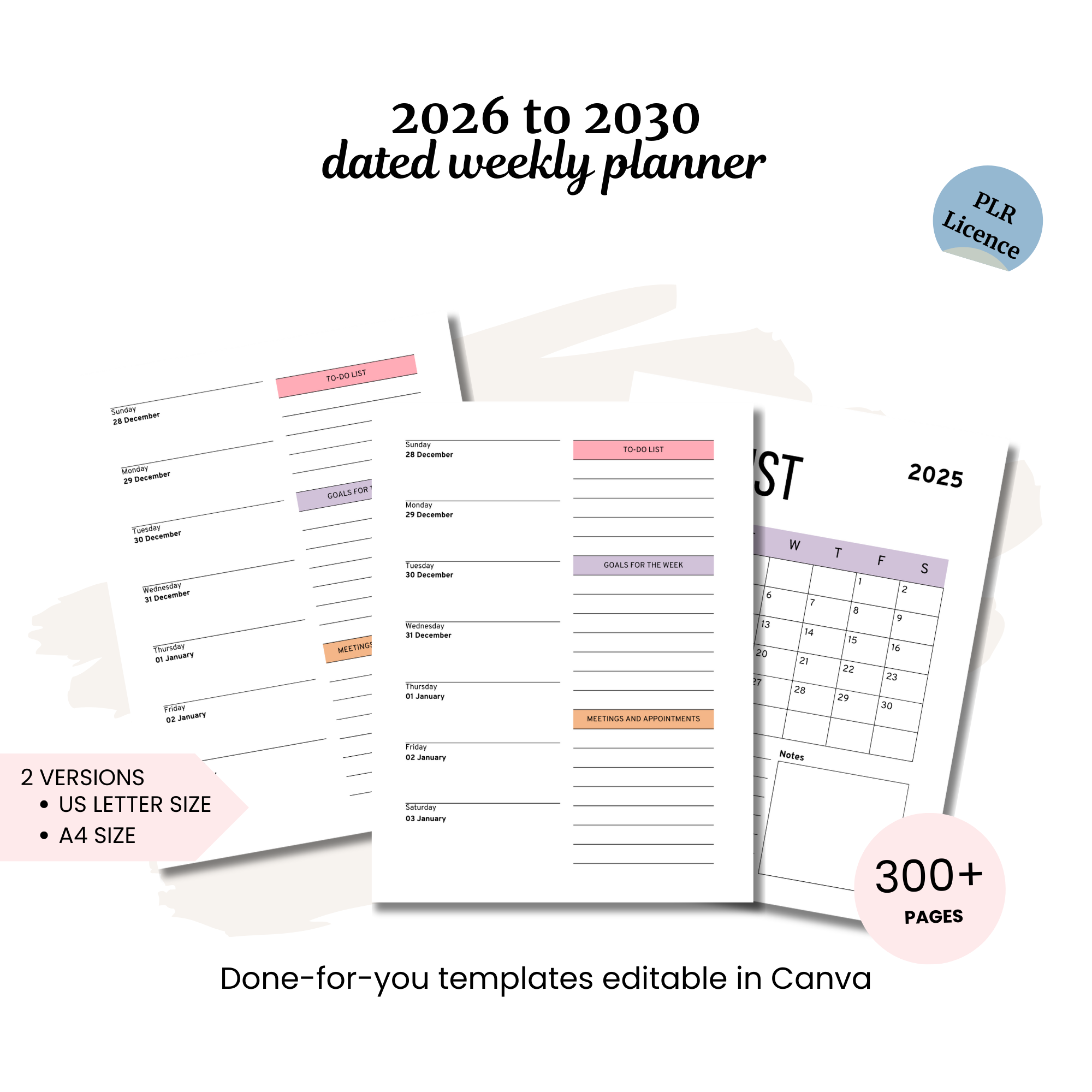 Image showing the 2026 Calendar Template (2026 to 2030 Calendar Planner Pages) with three sample pages in US Letter and A4, featuring a 2026 calendar and over 300 editable Canva templates, PLR license included.