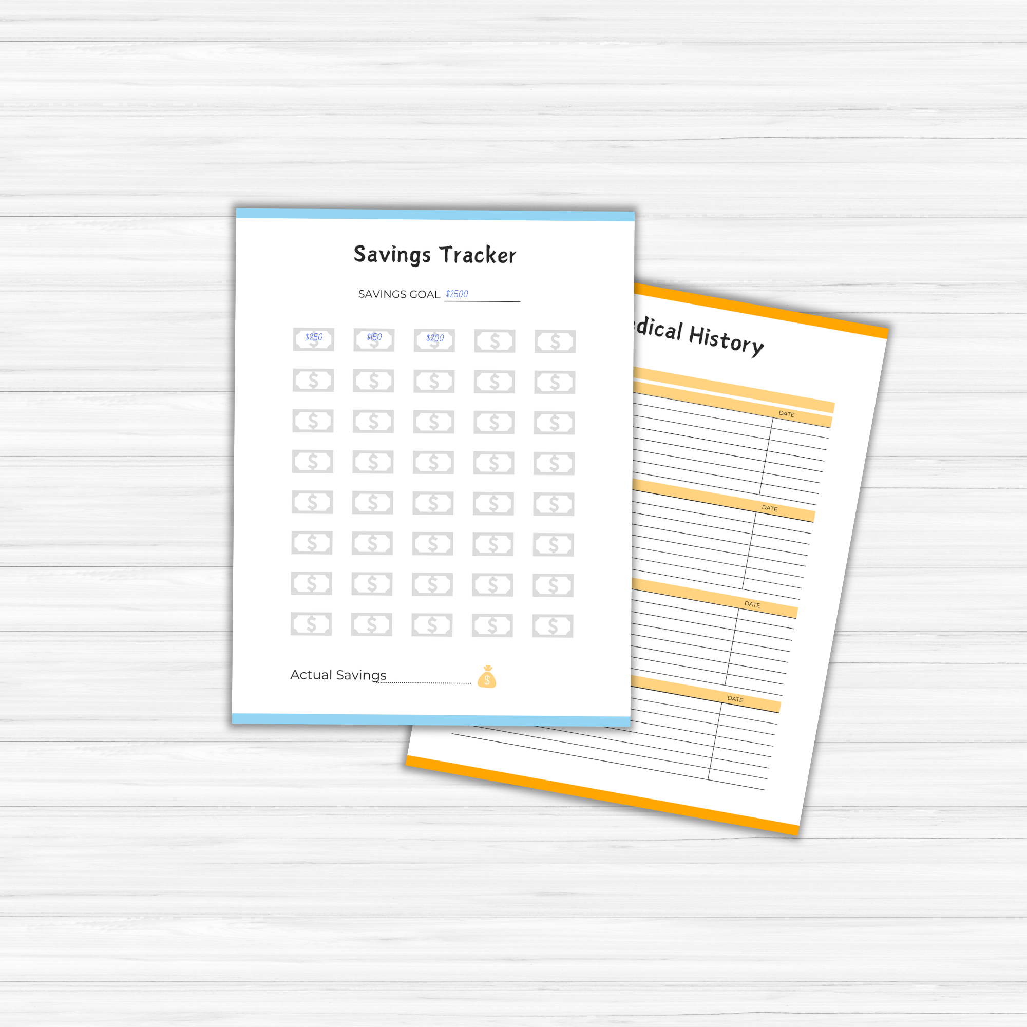 Two paper forms—featuring a savings tracker with designated slots for dollar amounts and a medical history form with lined spaces for entries—make ideal additions to your Family HQ Home Management Planner.