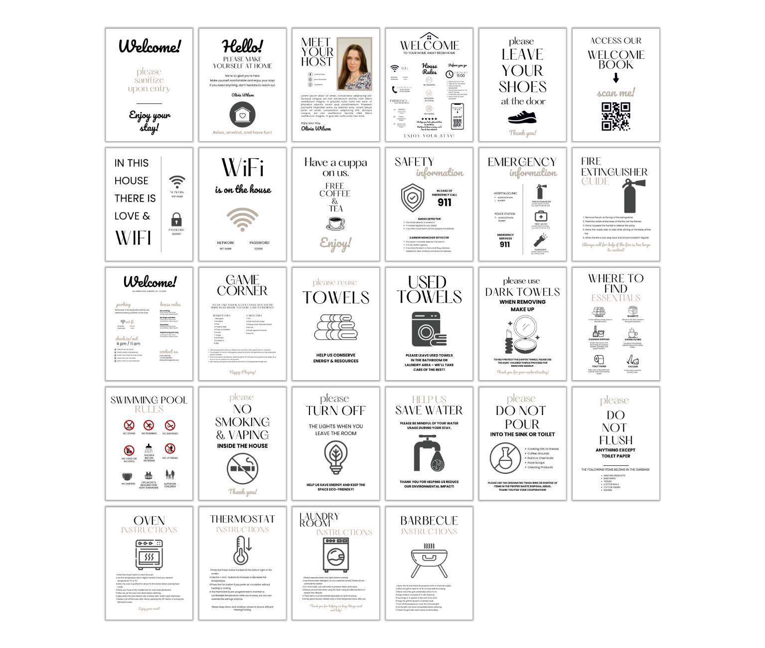 Explore our Delivery Driver Signs Bundle PLR, showcasing essential rules and details. It includes Wi-Fi info, safety tips, pool guidelines, and recycling instructions in a sleek grid layout, ensuring everyone stays informed and comfortable.