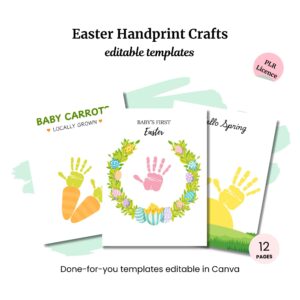 The Delivery Driver Signs Bundle PLR includes three Easter-themed handprint craft templates with carrots, a handprint with eggs, and "Hello Spring." With 12 editable Canva pages and a PLR license, it's ideal for creative entrepreneurs seeking festive charm without delivery delays.
