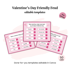 Explore the Valentine's 5-Second Game PLR for vibrant pink-themed card templates with fun Q&A, fully editable in Canva.