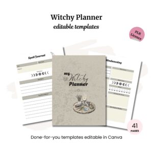 Explore the whimsical Witchy Planner PLR with three-page spreads, including a spell journal, weekly planner, and moon phases. Comes as a 41-page package with PLR rights and is easily editable in Canva for all your mystical planning needs.