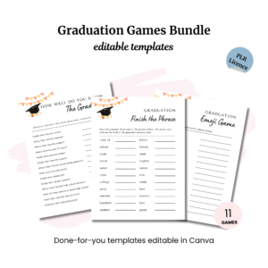Graduation Games Bundle features 11 fun editable games like "Finish the Phrase" and "Emoji Game." Now includes Valentine's 5-Second Game PLR, set on a crisp white background, for added excitement.