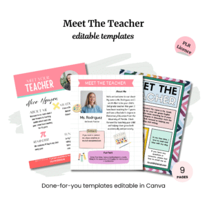 Discover our "Meet the Teacher Templates," essential education resources in Canva with nine customizable pages. These templates include text boxes for bios, fun facts, and contact info. They come with a PLR license, making them perfect for personalizing classroom introductions.