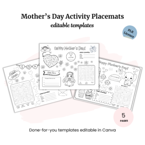 The Mother's Day Activity Placemats PLR offers editable templates with word searches, coloring sections, and fun activities. Comprising five pages, they're perfect for Canva use and ideal for PLR creators to enhance their unique content offerings.