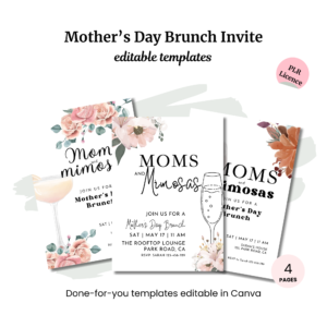 Celebrate Mother's Day in style with our Mother's Day Activity Placemats PLR, featuring floral designs and 'Moms and Mimosas' text. Editable in Canva with a PLR license, these exquisite placemats perfectly complement any gathering.