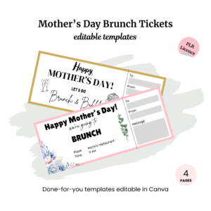Two editable Mother's Day brunch ticket templates with floral and brunch icons include text fields for recipient, sender, and message. Perfect for personalized gifting. Comes with four PLR-friendly Canva pages under the Mother's Day Activity Placemats PLR for easy customization.