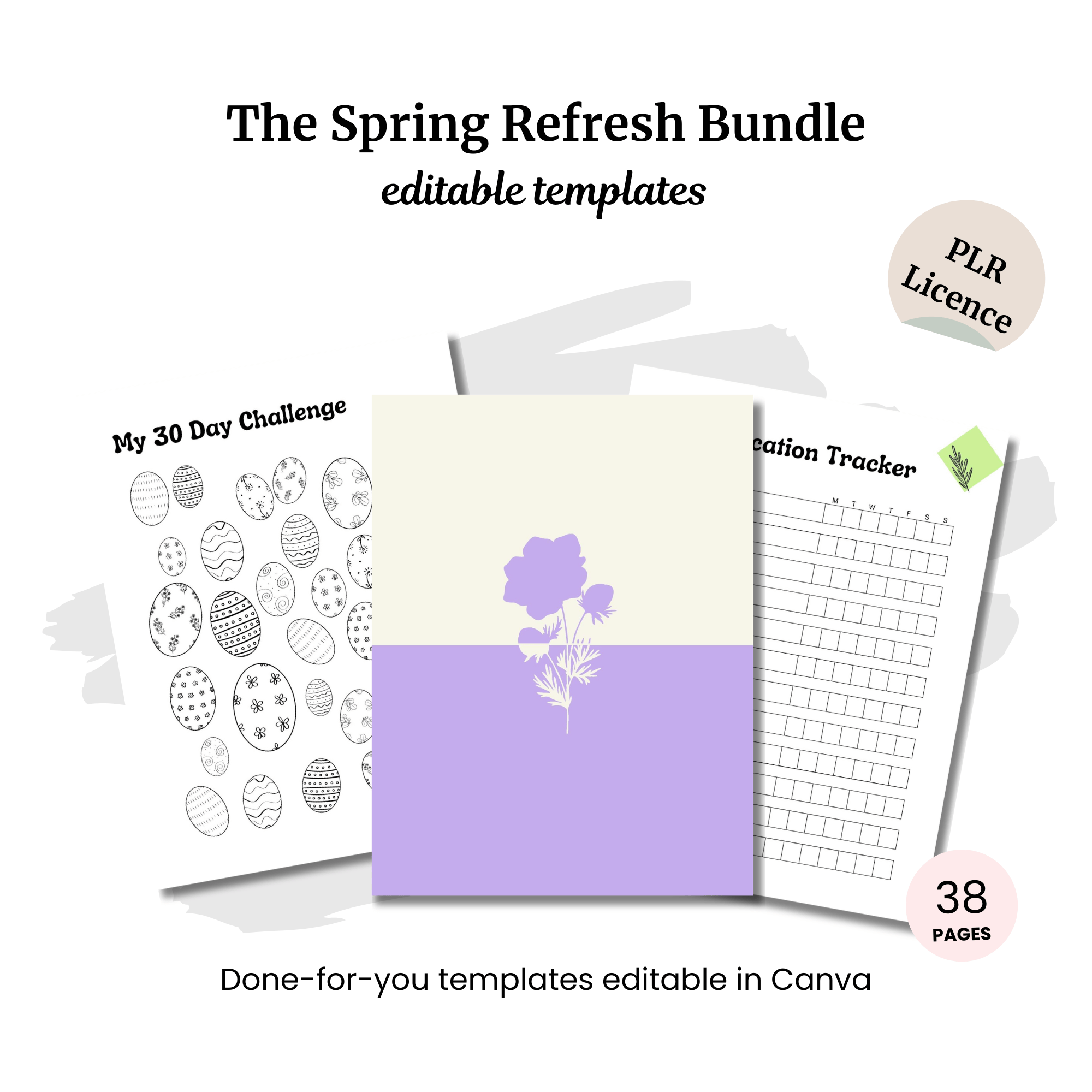 Check out the Free PLR: Spring Refresh Bundle, a 38-page set of editable templates including three designs—a 30-day challenge sheet, floral cover, and hydration tracker. It’s fully customizable in Canva and comes with a PLR license for your creative projects.