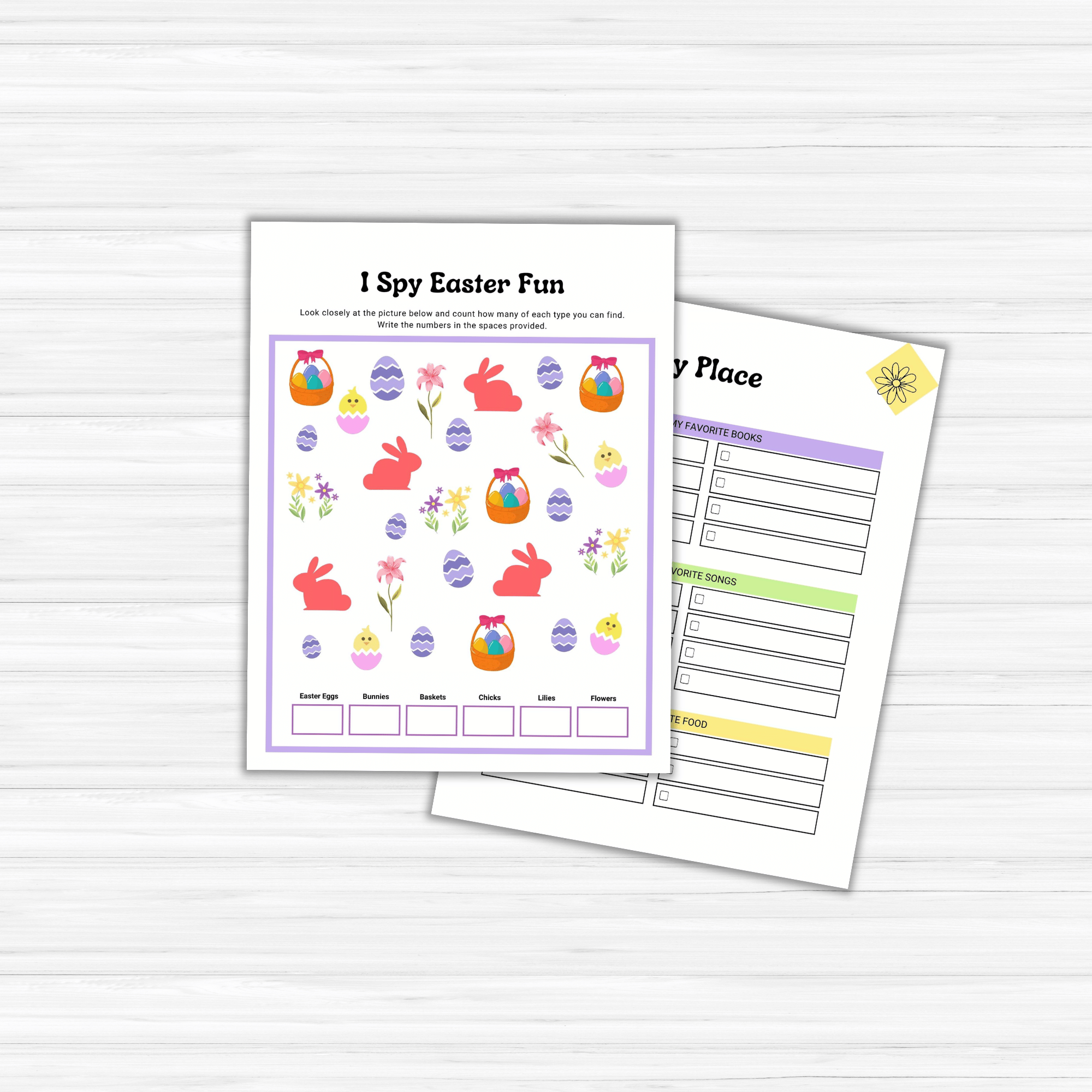 Two children's activity sheets sit on a wooden surface: the top one displays a colorful Easter-themed "I Spy" game with eggs and bunnies, while the bottom is a personalized Spring Refresh planner from the Free PLR: Spring Refresh Bundle, ideal for any seasonal activity set.