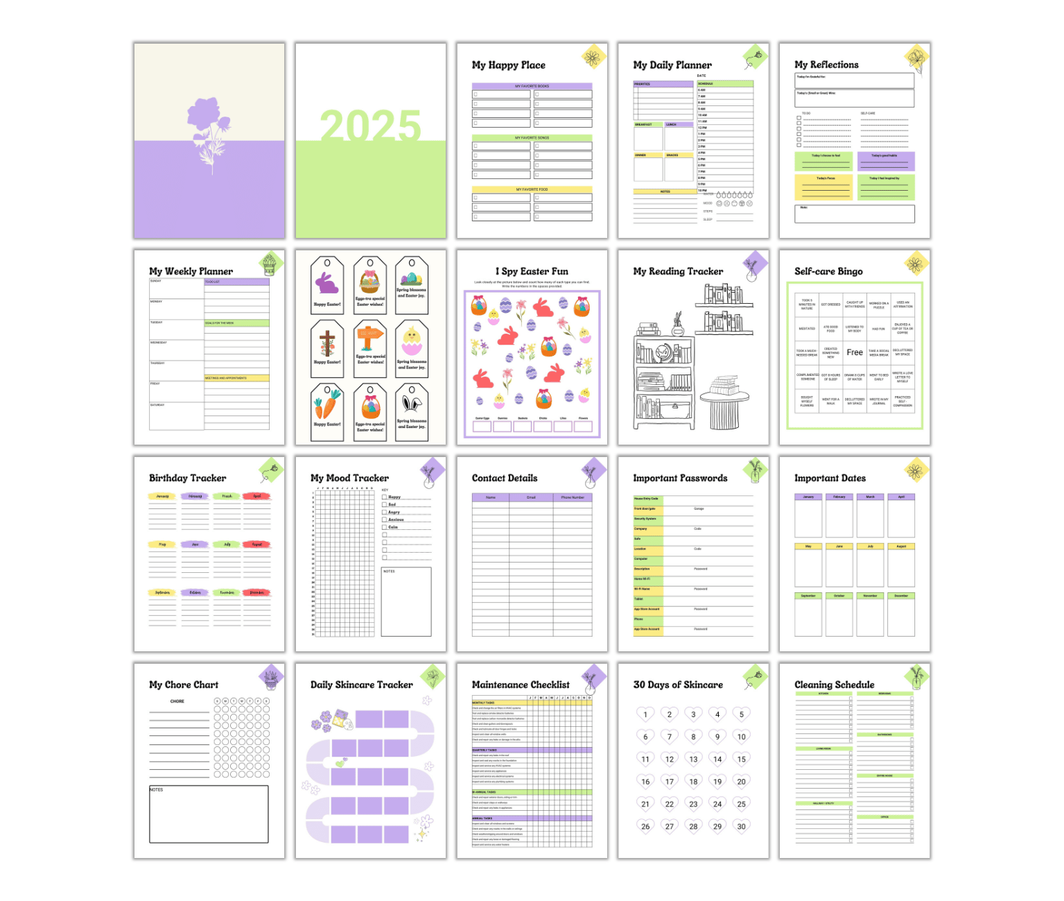 Introducing the 2025 planner in our Free PLR: Spring Refresh Bundle, with 18 pages of weekly layouts, trackers, contacts, passwords, and cleaning schedules. Each page features vibrant charts and colorful illustrations of plants and home items.