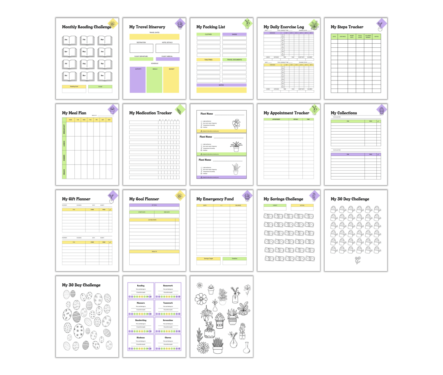 The Free PLR: Spring Refresh Bundle offers 18 planner and tracker pages with meal, savings, and exercise logs in a clean layout accented by green and purple. Ideal for a fresh start this spring!.