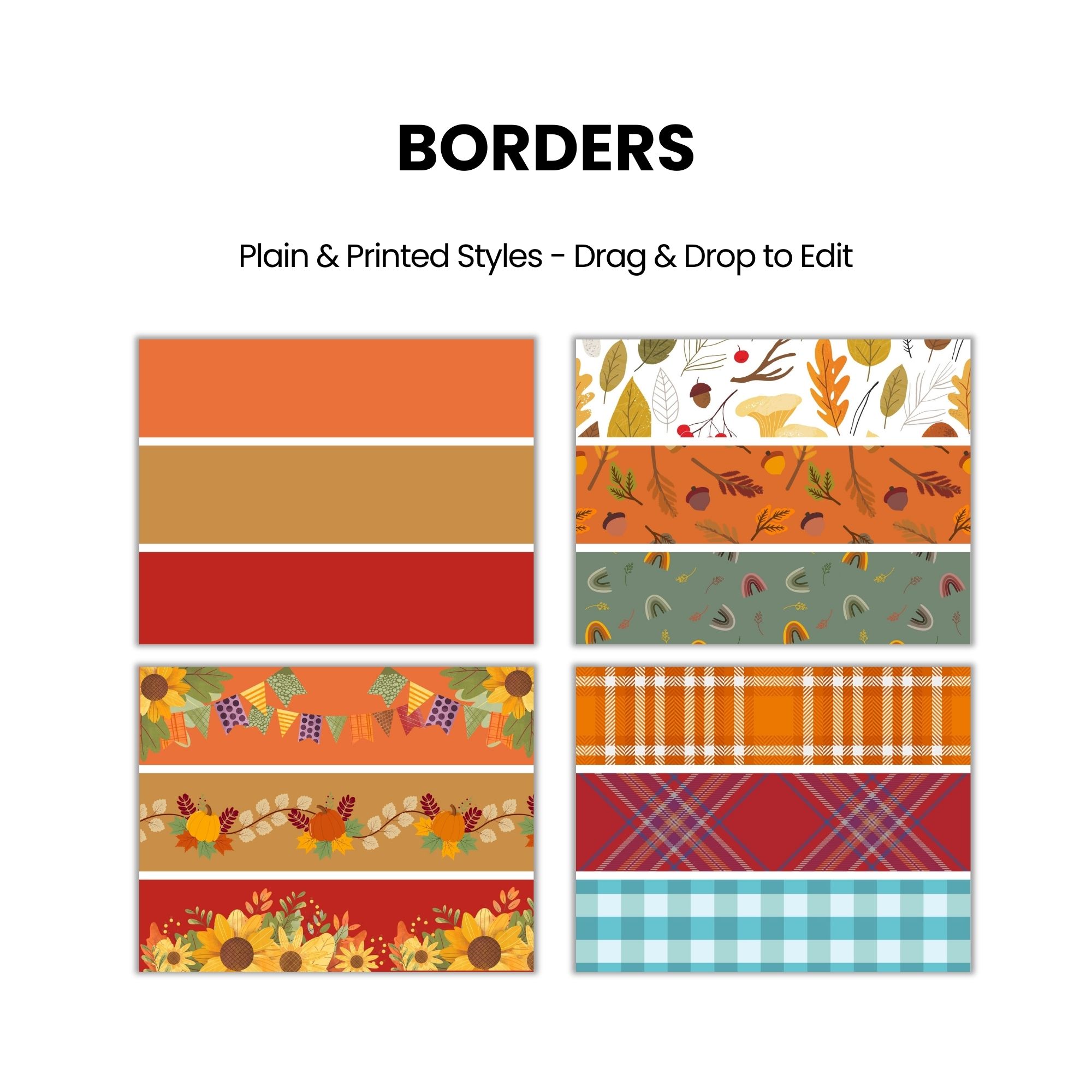 A set of eight rectangular borders with autumn-themed prints and plain designs, arranged in two columns on a white background.