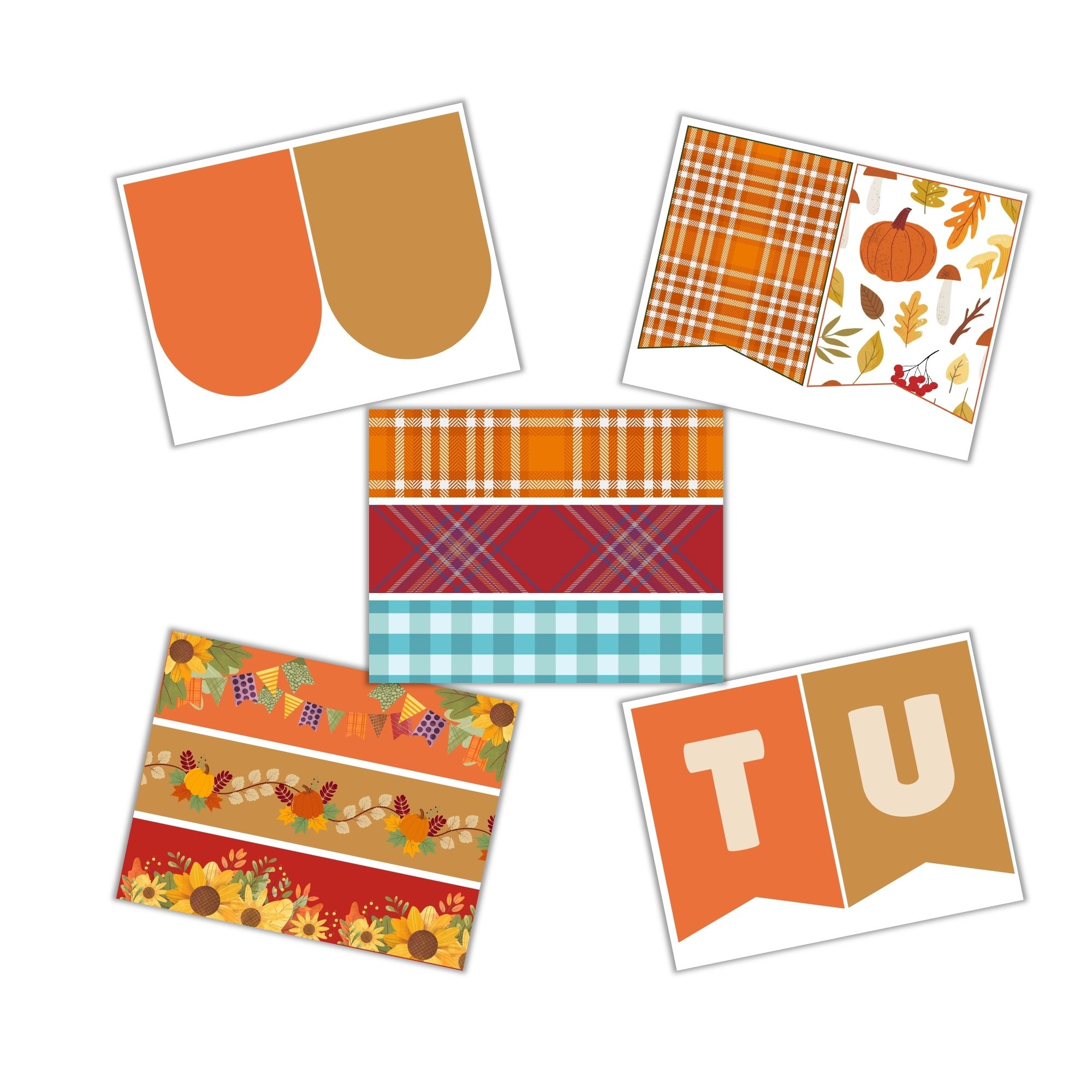 Five autumn-themed cards with patterns of plaid, pumpkins, fall leaves, scarecrows, acorns, and banners spelling "TU" in orange, yellow, and brown colors.