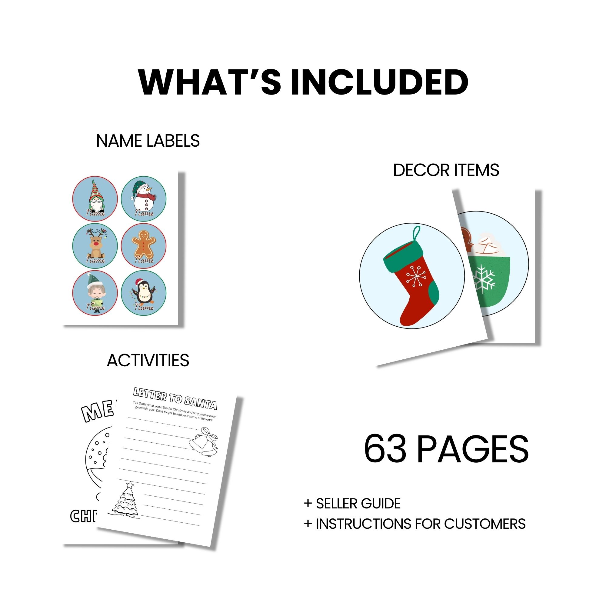 Image listing contents: name labels with cartoon characters, decor items with holiday designs, activity sheets, and text stating 63 pages, seller guide, and instructions for customers.
