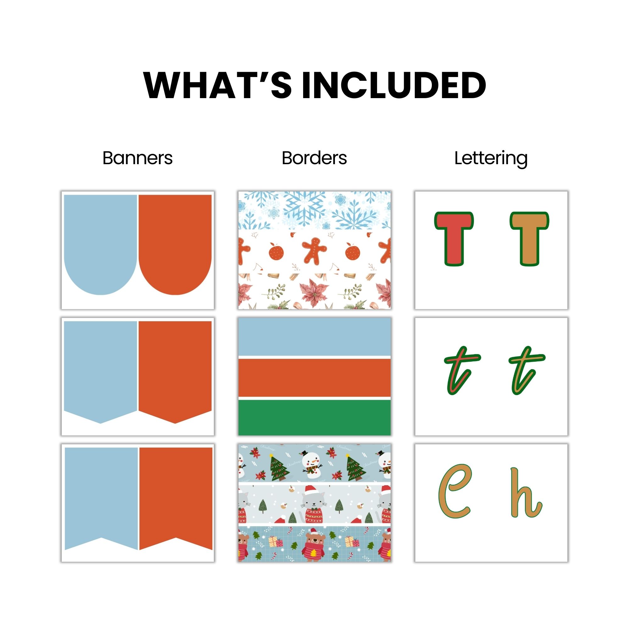 Grid showing examples of banners, borders with holiday designs, and lettering styles in red, green, and gold under the heading "What's Included.
