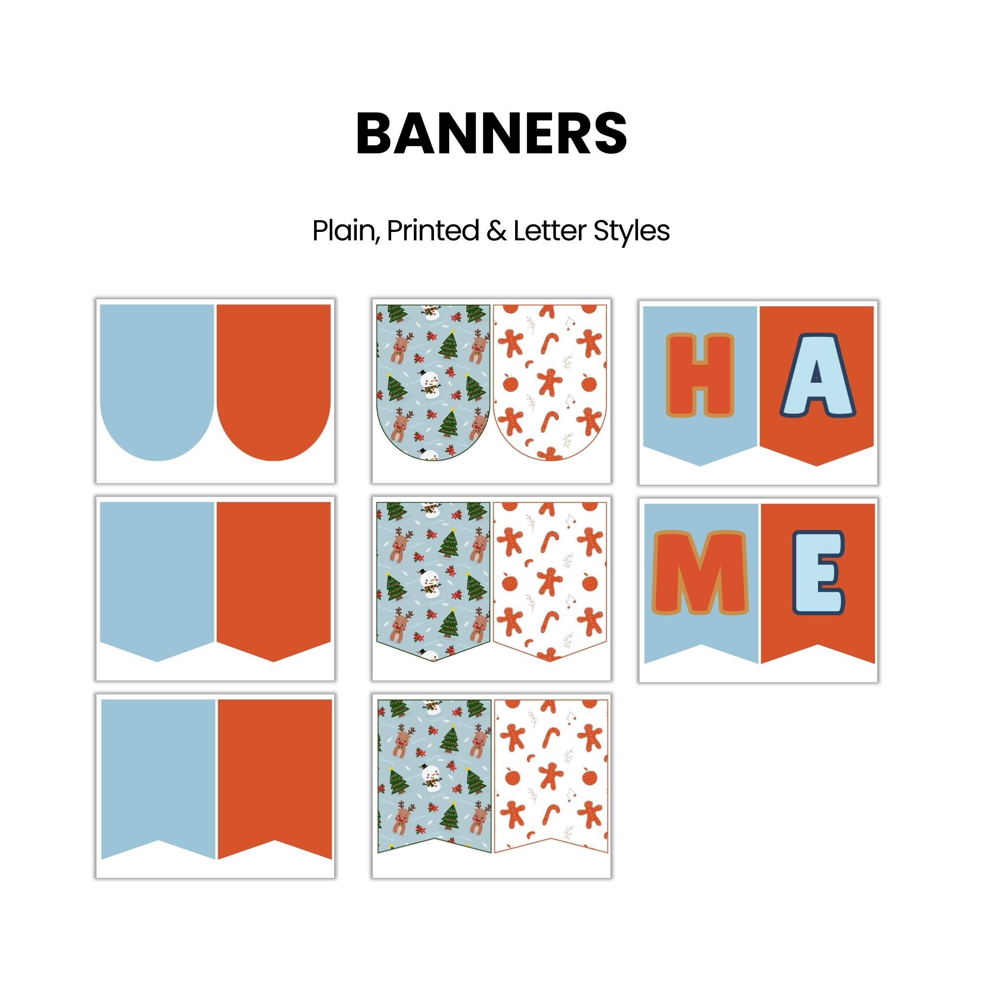 Nine rectangular banner designs are displayed in a grid, featuring plain, Christmas-themed, gingerbread-themed, and lettered styles spelling "HOME.