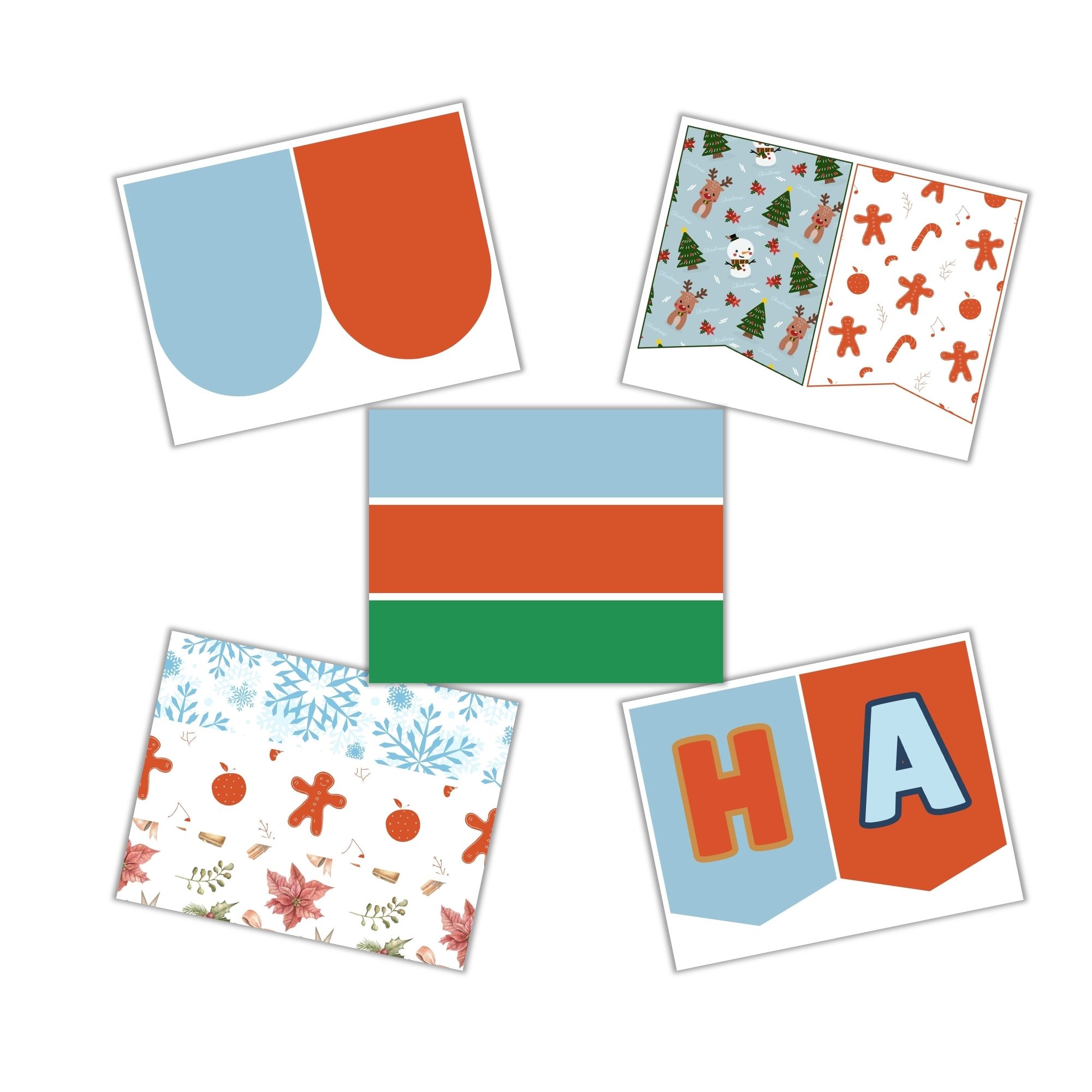 Five colorful holiday-themed printable designs are arranged in a circle, featuring festive patterns and bold letters on decorative banners.