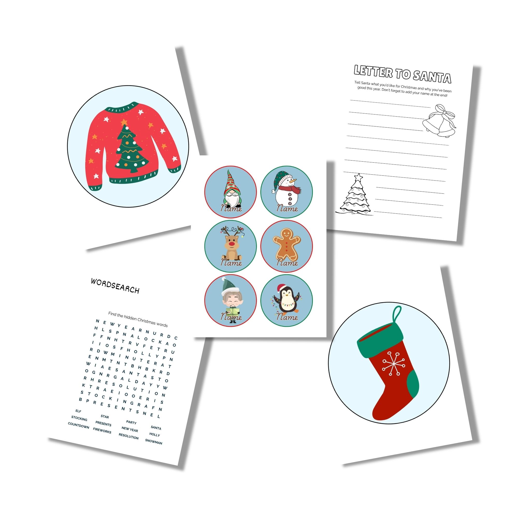 A set of Christmas-themed printables, including a sweater and stocking illustration, word search, letter to Santa, and six animal name tags wearing holiday attire.