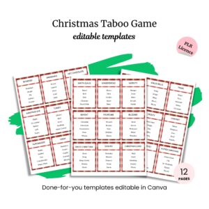 Image of printable "Christmas 5-second Game (Copy)" templates with red borders and holiday-themed words. Includes editable Canva templates, PLR license, and 12 pages for instant fun.