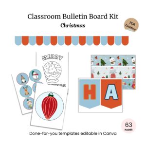 Classroom Bulletin Board Kit for Christmas with colorful templates, banners, and festive illustrations; 63 editable pages, PLR licence, compatible with Canva.