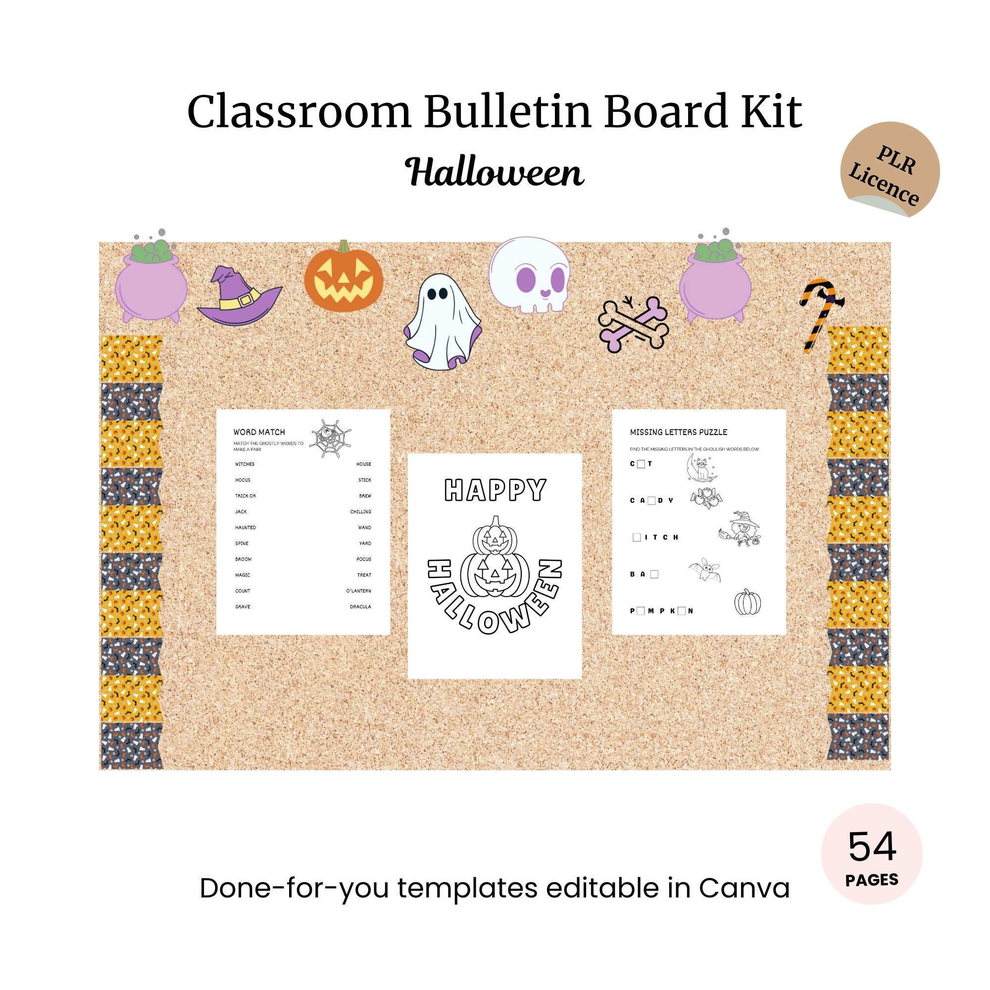A Halloween-themed classroom bulletin board kit featuring festive graphics and activity sheets, with a corkboard background and editable templates in Canva.