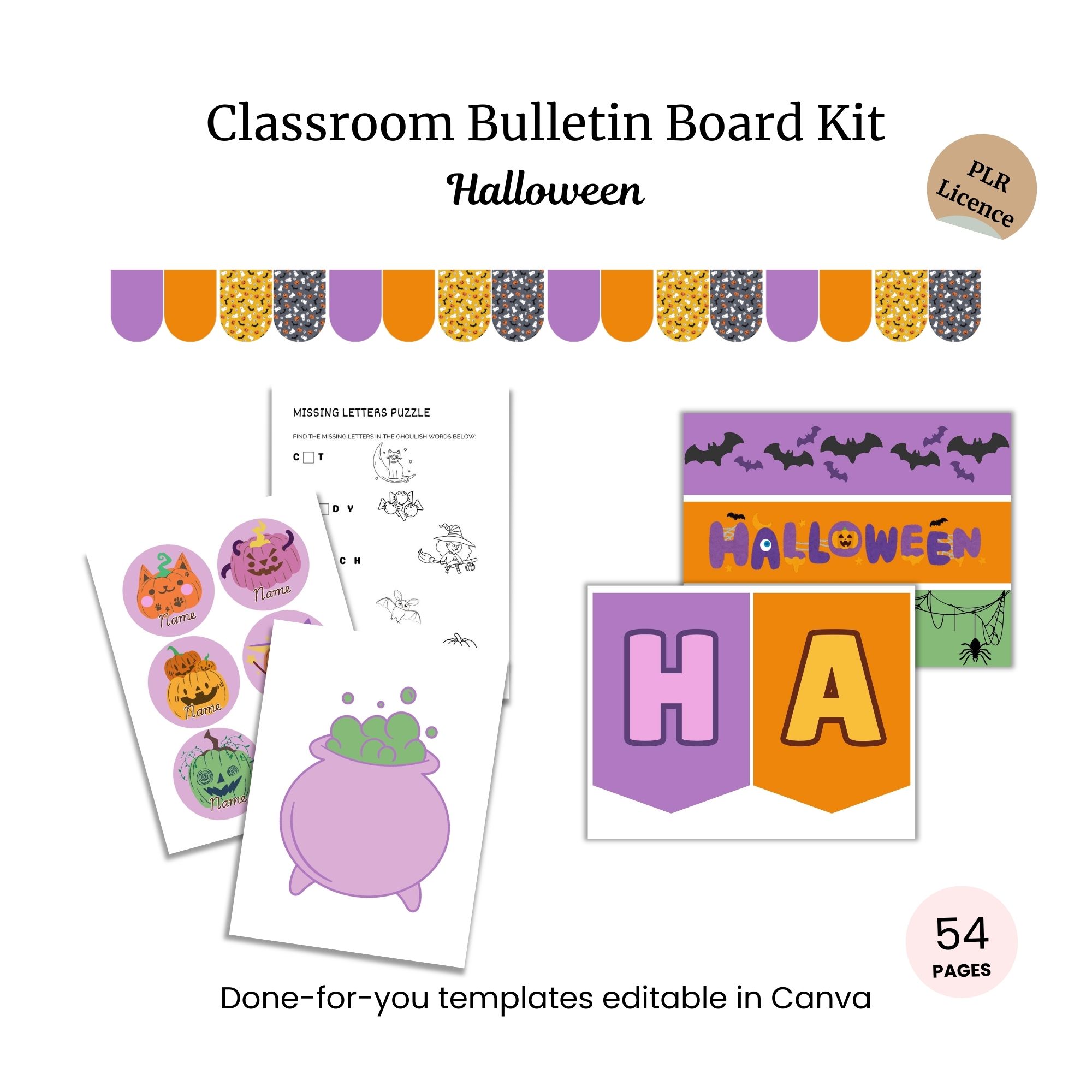 Classroom bulletin board kit for Halloween with banners, themed cutouts, a missing letters puzzle, and 54 editable pages in Canva.