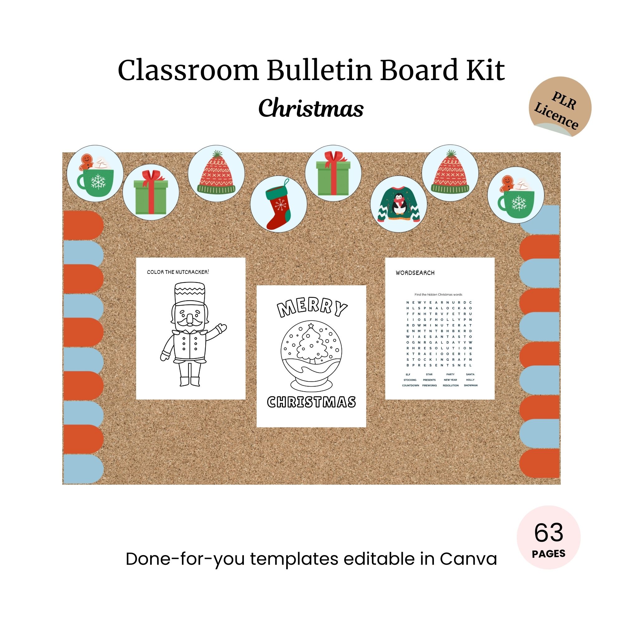 Cork bulletin board decorated with Christmas-themed cutouts and three activity sheets: a coloring page, "Merry Christmas" coloring, and a word search. Text indicates a 63-page kit.