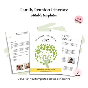 Family Reunion Itinerary (PLR) features a tree-themed 8-page itinerary set with sample pages and clear text. Includes editable Canva files and PLR license—ideal for organizing your family gathering.