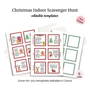Three editable Christmas Indoor Scavenge cards featuring festive illustrations and blank templates—great with a Christmas Taboo Game. Includes Canva templates with PLR license.