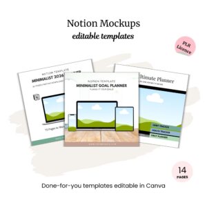 Notion Templates Mockups (PLR) featuring three device screens with a landscape image, highlights on editable Canva templates, a note of 14 included pages, and subtle Google Sheets mockups for extra flexibility.