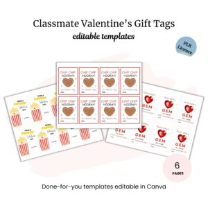 Valentine's Gift Tags PLR: A set of colorful templates featuring popcorn, chocolate chip cookies, and gems, on six printable Canva-editable pages.