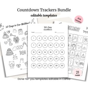 The Countdown Trackers Bundle PLR includes three editable Canva printables—a wedding countdown, 30-day countdown, and birthday tracker—with PLR rights for easy customization and resale.