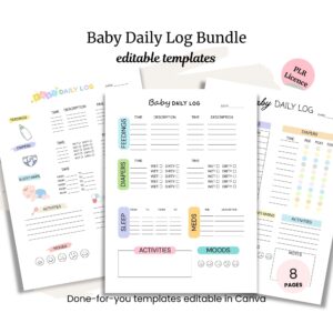 The Baby Daily Logs Bundle PLR includes four baby log templates with sections for feedings, diapers, sleep, meds, activities, moods & countdown trackers. Get eight editable Canva pages in this convenient PLR package.