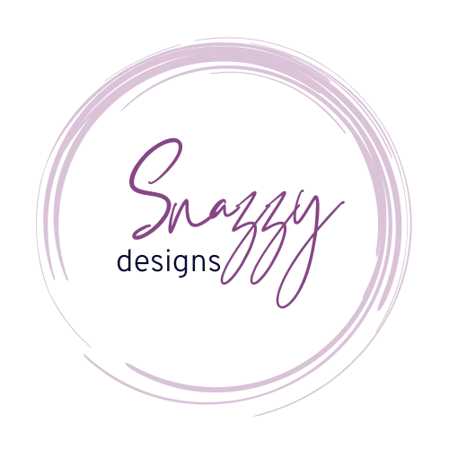 Logo of 'snazzy designs' with stylized handwriting inside a sketched circle.