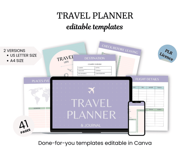 The Dream Vacations Travel Planner displayed on various digital devices with 41 pages available in US Letter and A4 sizes, including destination lists, checklists, flight details, and places to visit.