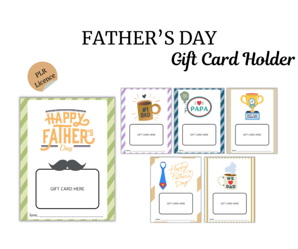 Collection of father's day themed gift card holders with various designs including moustache, ties, and cups, each featuring different cheerful illustrations and text.