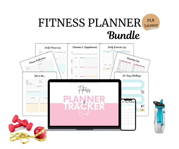 Fitness planner bundle displayed with various log sheets, a tablet showing fitness tracker app, dumbbells, measuring tape, and a water bottle.