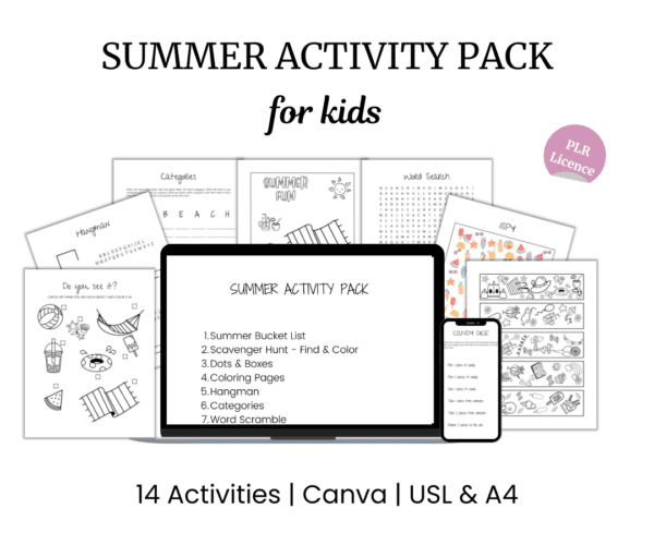 Promotional image for a summer activity pack for kids featuring printable sheets with games, coloring pages, and puzzles, labelled with a plr license.