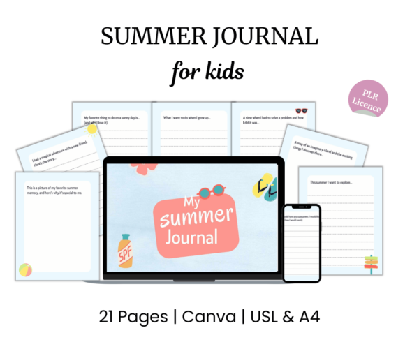 Summer journal for kids promotional graphic featuring various page layouts and digital devices displaying the journal, with text highlighting a plr license and available sizes.