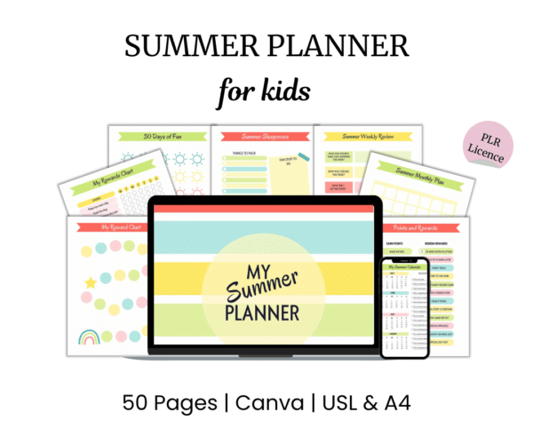 Digital display showing a "my summer planner" on a tablet, surrounded by various planning sheets and templates for kids.