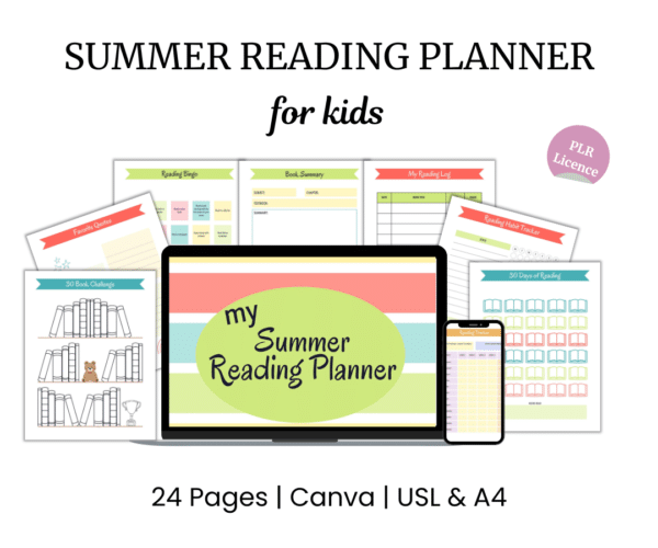 Image of a "summer reading planner for kids" featuring various printable tracking sheets, a digital tablet displaying a colorful planner page, and a smartphone.