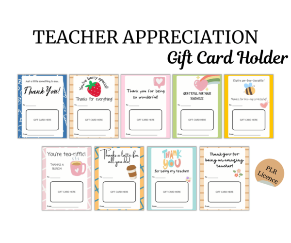 Collection of eight colorful teacher appreciation gift card holders with various thankful messages and designs, displayed in two rows.