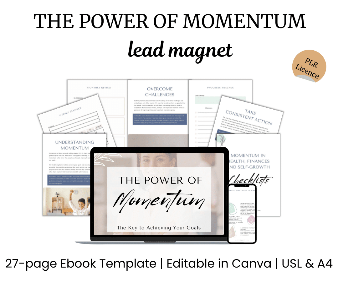Promotional graphic for "the power of momentum" ebook template, featuring pages and a cover displayed on a tablet, with a plr license badge.