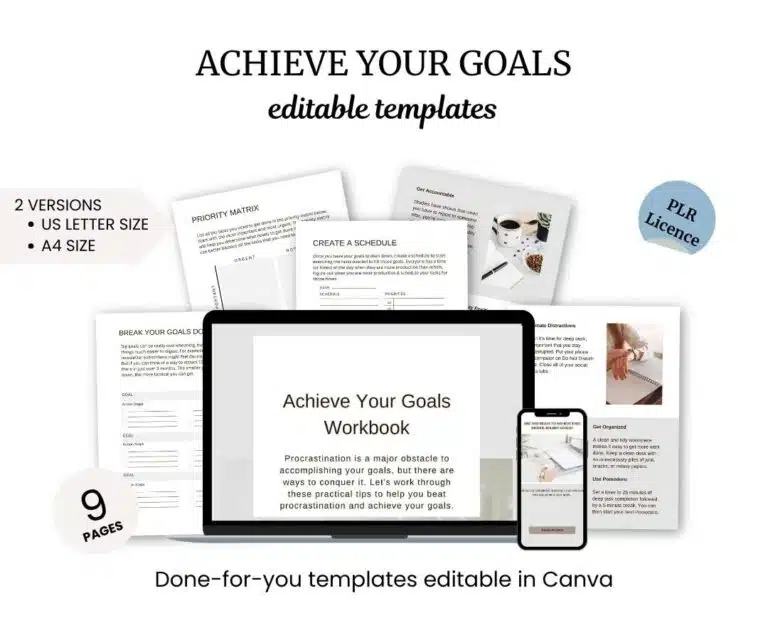 Image showing a set of promotional editable templates labeled "Achieve Your Goals" for sale, including a workbook, productivity matrix, and schedule creator in US Letter and A4 sizes.