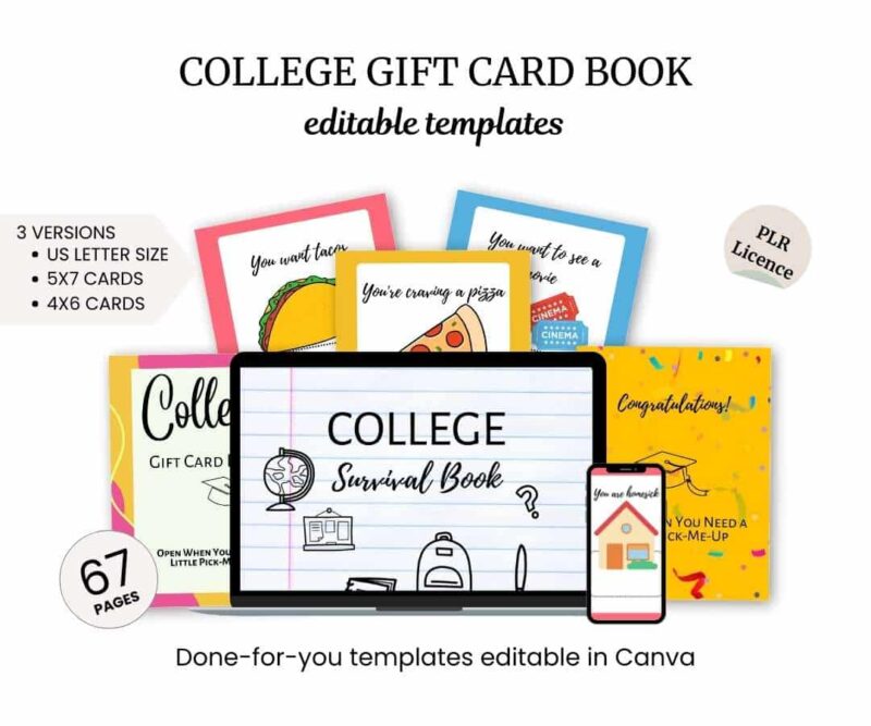 College gift card book with editable Canva templates. Includes 67 pages, 3 versions (US letter, 5x7 cards, 4x6 cards), and a PLR license. Featured cards show encouraging messages and designs.