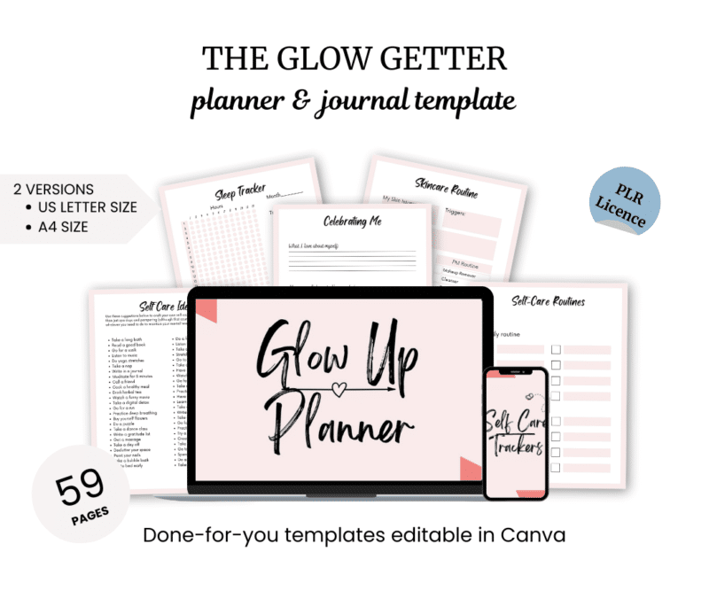 Image displaying The Glow Getter, featuring 59 editable pages in Canva, available in US Letter Size and A4 Size, including a phone and tablet mockup of the planner.