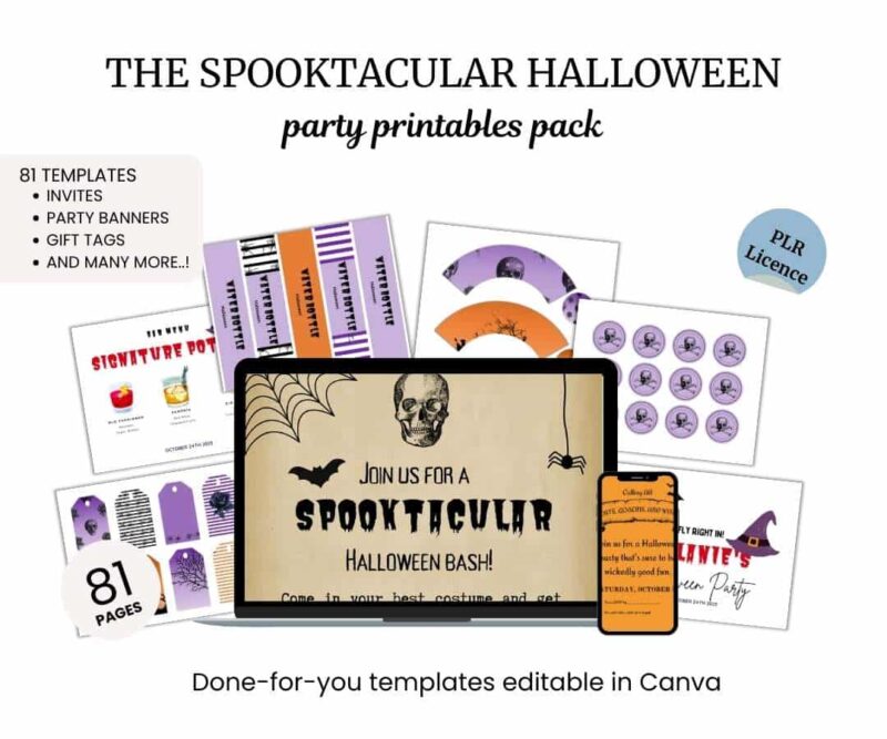 A collection of Halloween-themed printable templates, including invites, party banners, and gift tags, displayed around a laptop screen showing a "Spooktacular Halloween Bash" invite.