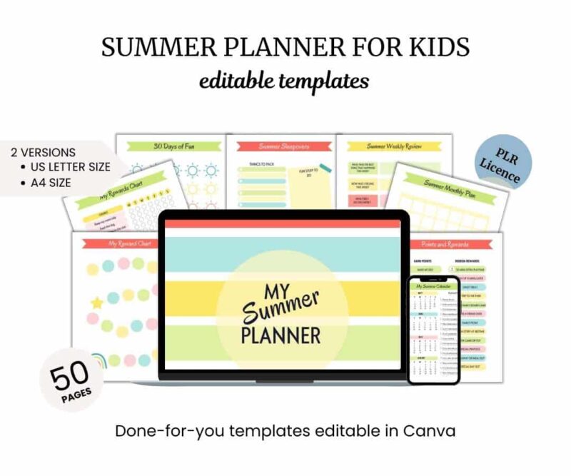 Summer planner for kids editable templates in Canva, featuring 50 pages in US Letter and A4 sizes. Includes various planning sheets and colorful designs.