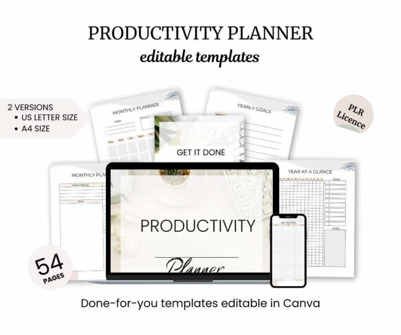 Image of a productivity planner showing editable templates available in US Letter and A4 sizes. Features include monthly planners, yearly goals, and a 54-page done-for-you design editable in Canva.